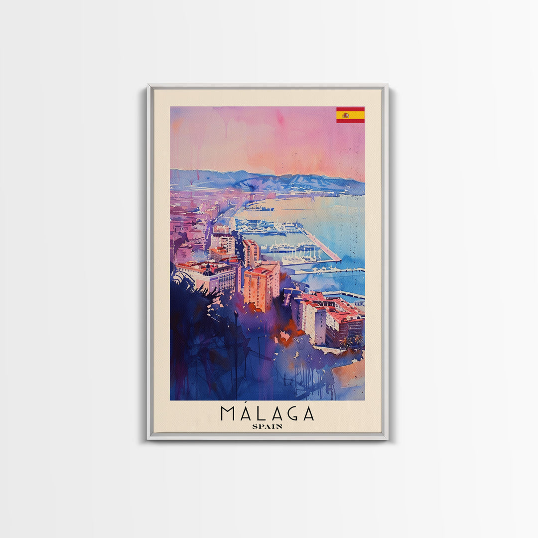 Malaga Spain Travel Poster Framed Canvas Print, Vibrant Coastline, Watercolor Art, Wall Decoration, Interior Decor, Travel Print, Unique Artwork