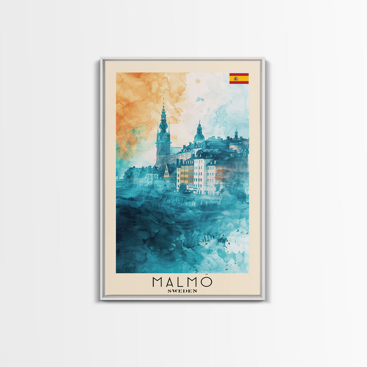 Malmo Sweden Travel Poster Framed Canvas Print, Modern Cityscape, Urban Art, Wall Hanging, Home Decor, Travel Print, Original Piece