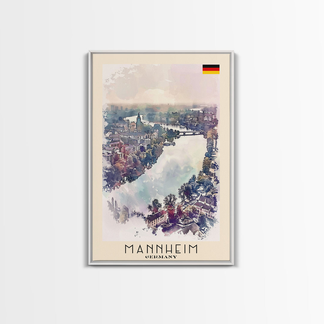 Mannheim Germany Travel Poster Framed Canvas Print, Historic Architecture, Watercolor Art, Wall Hanging, Interior Decor, Travel Print, Original Painting