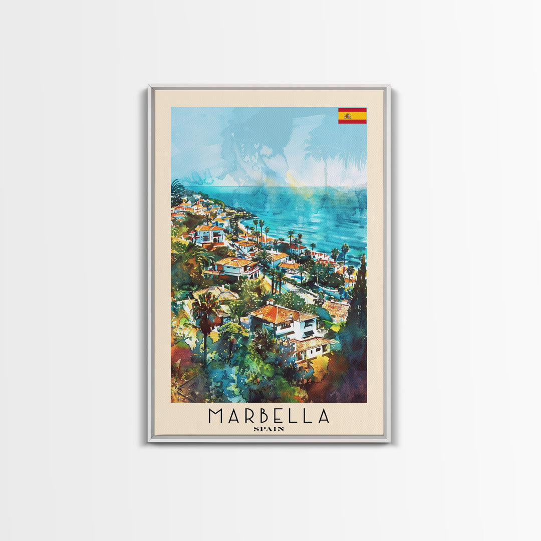 Marbella Spain Travel Poster Framed Canvas Print, Coastal Cityscape, Watercolor Painting, Wall Decor, Home Decoration, Travel Print, Artistic Piece
