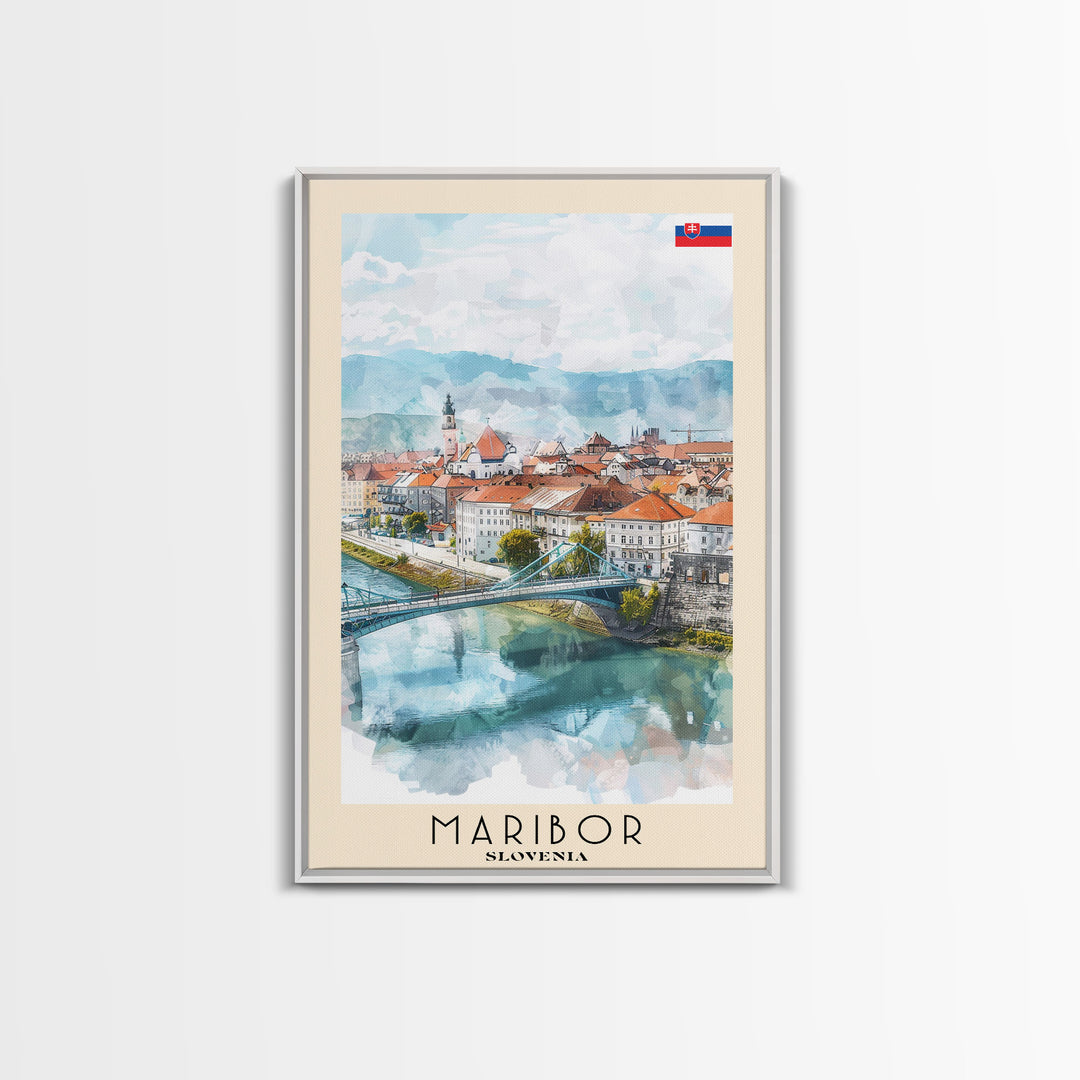 Maribor Slovenia Travel Poster Framed Canvas Print, Urban Landscape, Watercolor Art, Wall Hanging, Home Decor, Travel Print, Original Art