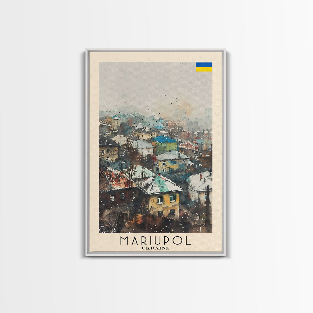 Mariupol Ukraine Travel Poster Framed Canvas Print, Scenic Cityscape, Watercolor Painting, Wall Decor, Interior Design, Travel Print, Unique Artwork