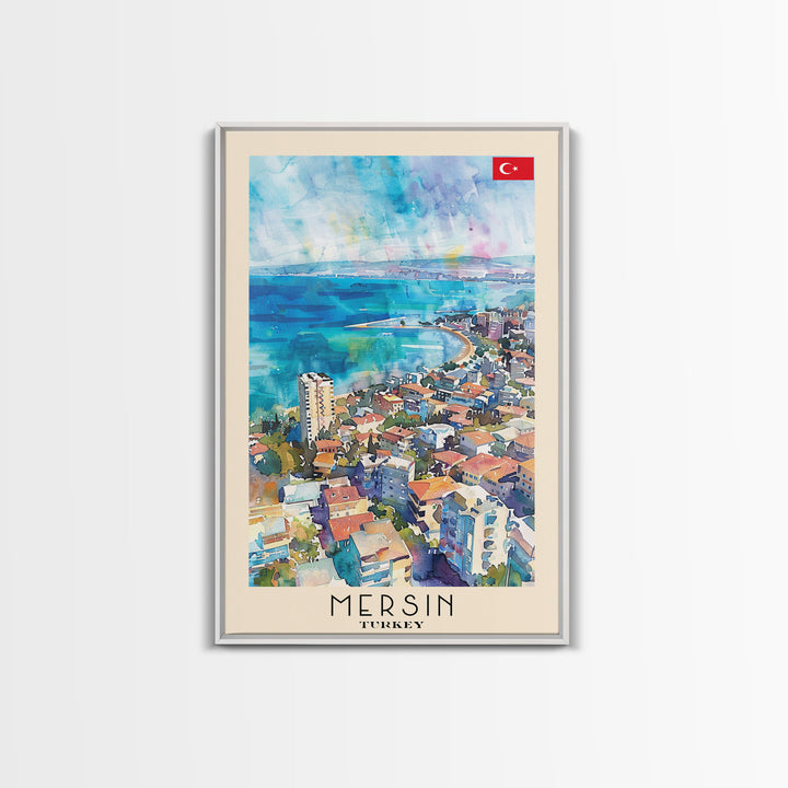 Mersin Turkey Travel Poster Framed Canvas Print, Coastal Landscape, Watercolor Art, Wall Decoration, Interior Design, Travel Print, Original Painting