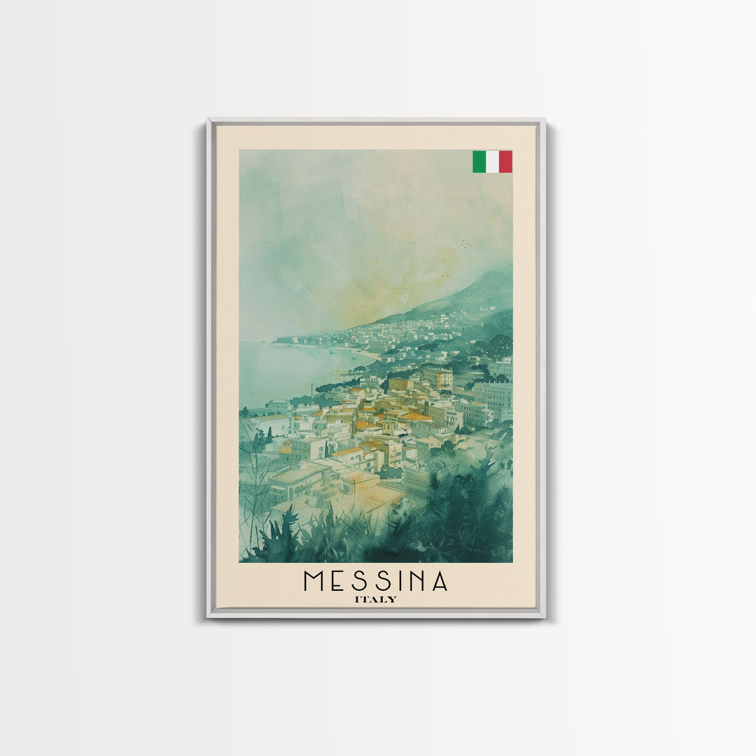 Messina Italy Travel Poster Framed Canvas Print, Urban Coastal Cityscape, Watercolor Art, Wall Decor, Home Decoration, Travel Print, Unique Art