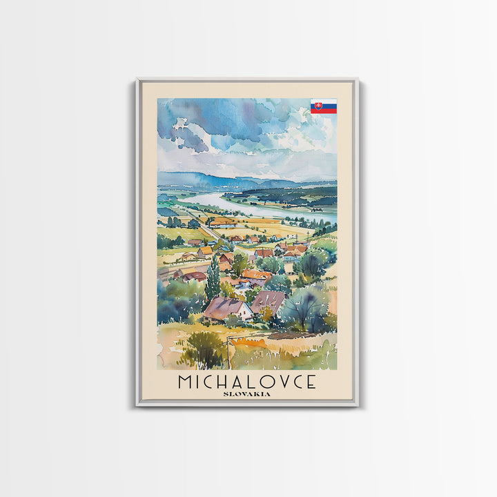 Michalovce Slovakia Travel Poster Framed Canvas Print, Scenic Landscape, Watercolor Painting, Wall Art, Home Decor, Travel Print, Original Piece