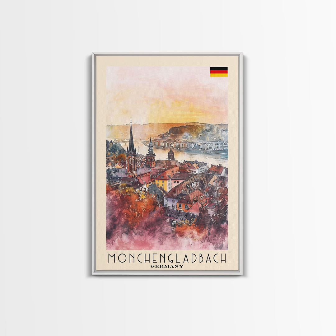 Mönchengladbach Germany Travel Poster Framed Canvas Print, Modern Cityscape, Watercolor Art, Wall Decoration, Interior Decor, Travel Print, Unique Artwork