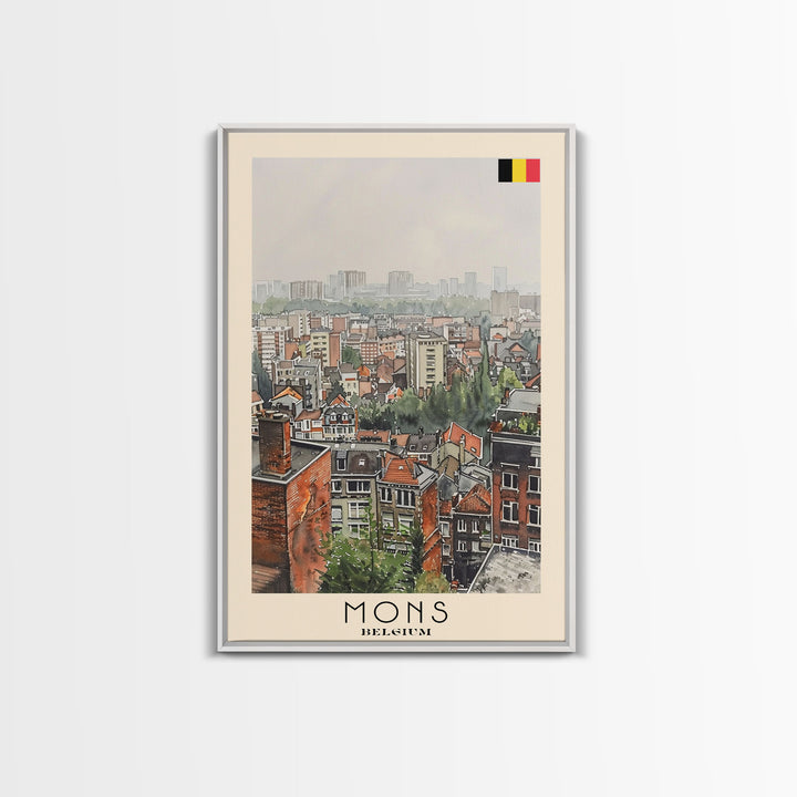 Mons Belgium Travel Poster Framed Canvas Print, Scenic Urban Landscape, Watercolor Painting, Wall Art, Home Decor, Travel Print, Original Painting