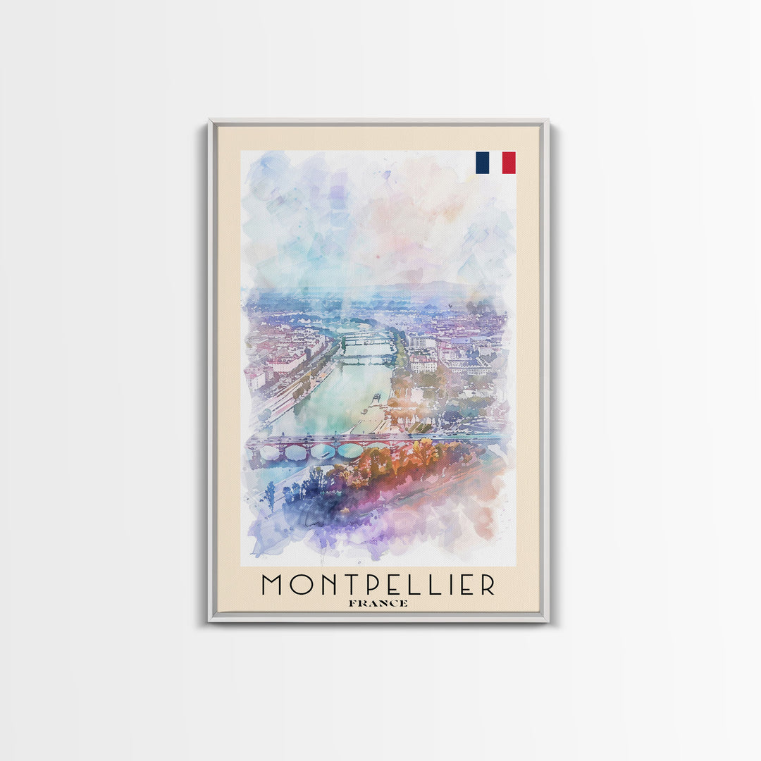 Montpellier France Travel Poster Framed Canvas Print, Vibrant Cityscape, Watercolor Art, Wall Decor, Interior Design, Travel Print, Unique Artwork