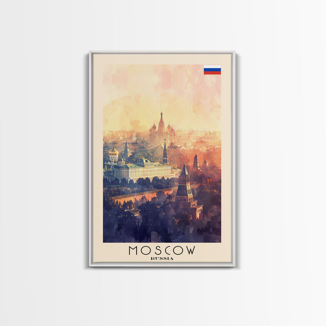 Moscow Russia Travel Poster Framed Canvas Print, Historic Landmarks, Watercolor Painting, Wall Art, Home Decor, Travel Print, Artistic Gift