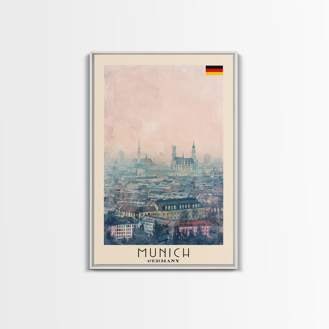 Munich Germany Travel Poster Framed Canvas Print, Iconic Cityscape, Watercolor Art, Wall Decoration, Home Decor, Travel Print, Artistic Piece