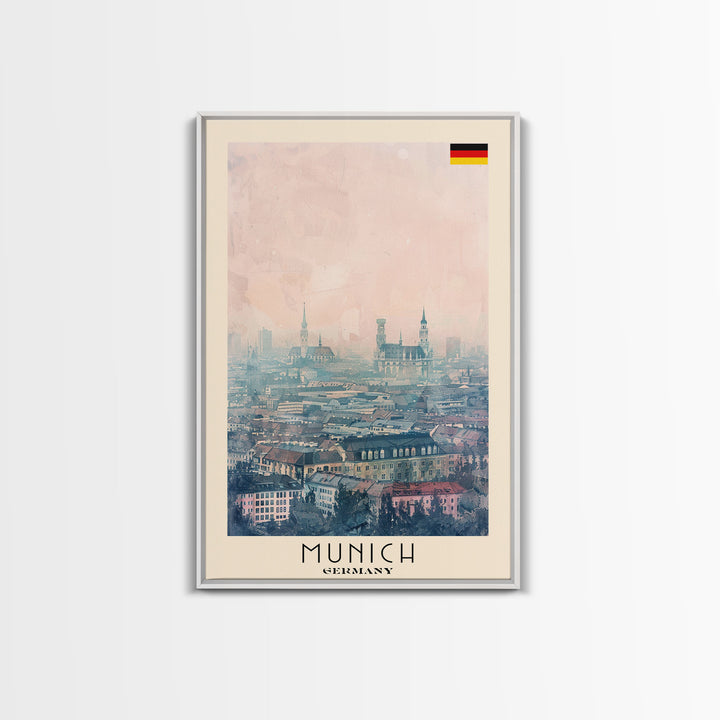 Munich Germany Travel Poster Framed Canvas Print, Iconic Cityscape, Watercolor Art, Wall Decoration, Home Decor, Travel Print, Artistic Piece