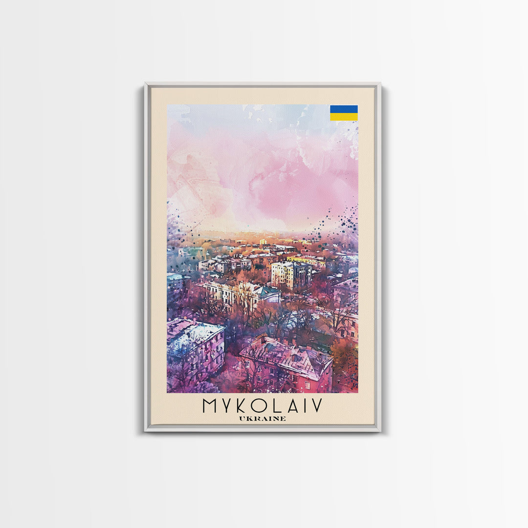 Mykolaiv Ukraine Travel Poster Framed Canvas Print, Urban Landscape, Watercolor Art, Wall Decor, Interior Decoration, Travel Print, Original Artwork
