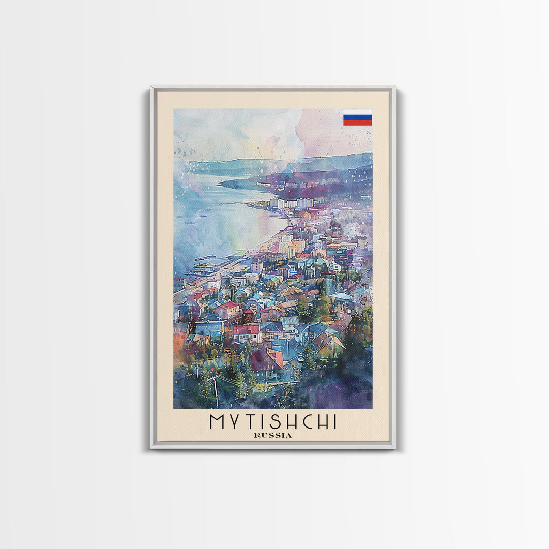 Mytishchi Russia Travel Poster Framed Canvas Print, Vibrant Cityscape, Watercolor Art, Wall Hanging, Home Decor, Travel Print, Unique Piece