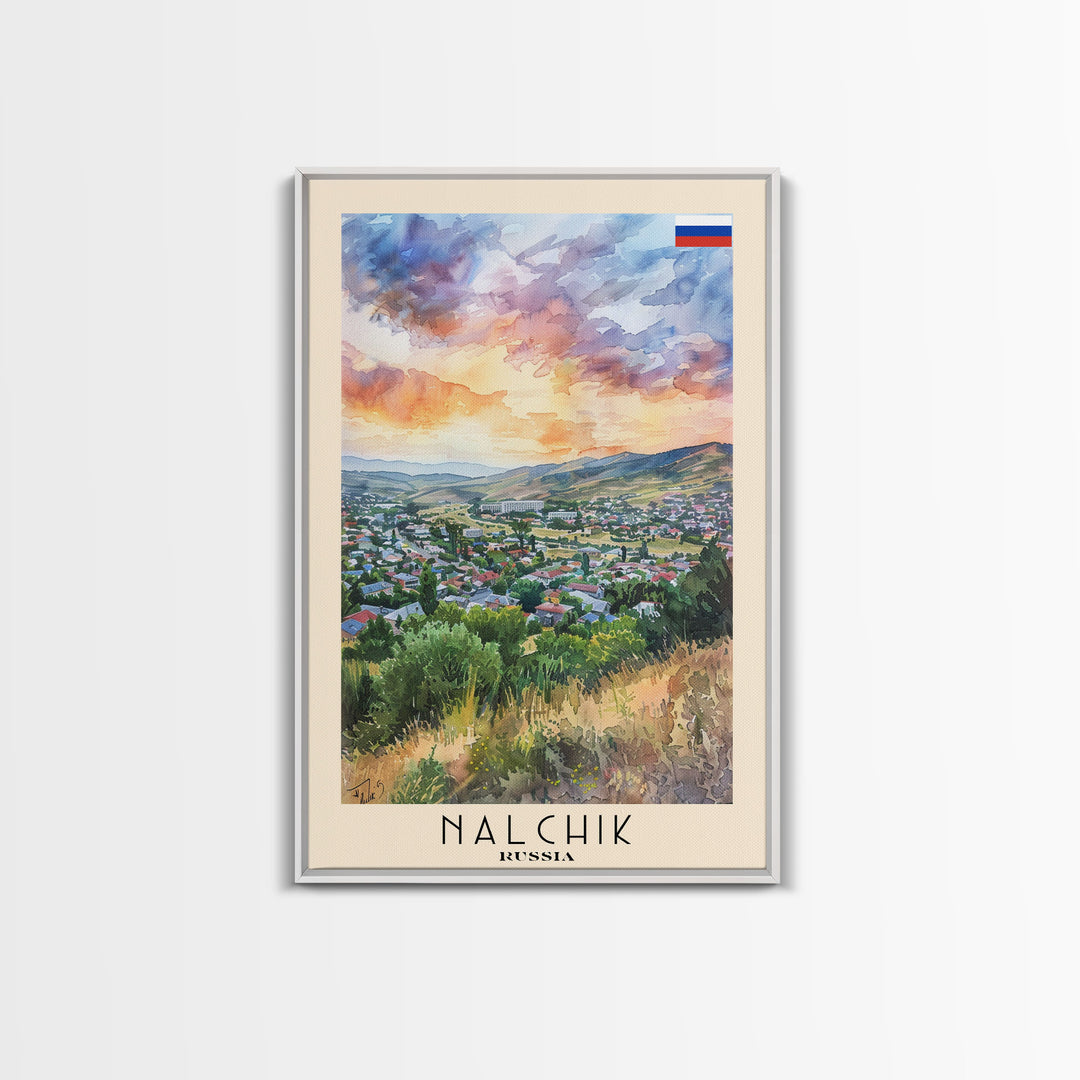 Nalchik Russia Travel Poster Framed Canvas Print, Sunset Watercolor Painting, Scenic Art, Vacation Wall Art, Living Room Decor, Unique Art