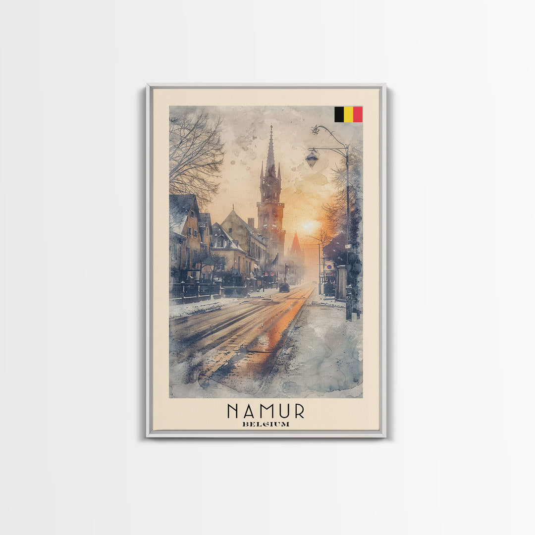 Namur Belgium Framed Canvas Print, Vintage Travel Poster, Architectural Wall Art, Watercolor Painting, Home Decor, Vacation Art, Unique Art