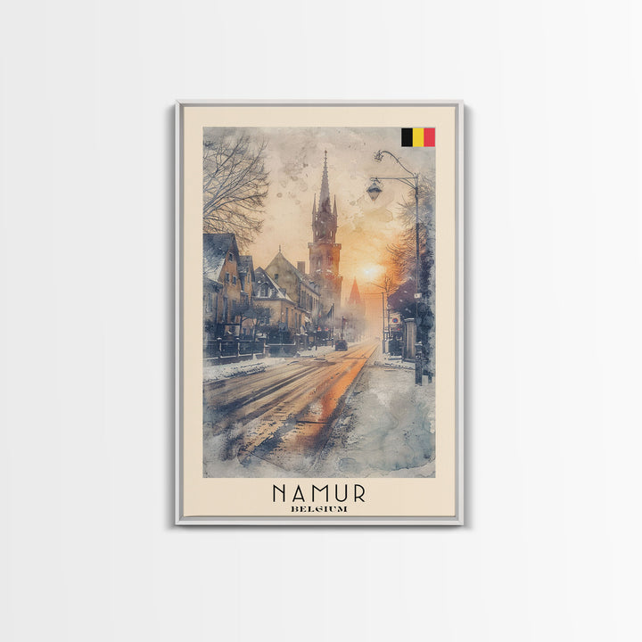 Namur Belgium Framed Canvas Print, Vintage Travel Poster, Architectural Wall Art, Watercolor Painting, Home Decor, Vacation Art, Unique Art