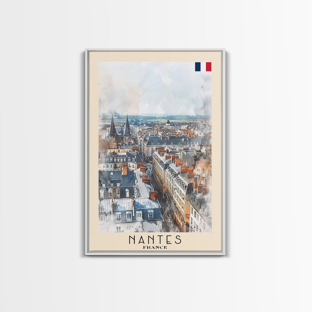 Nantes France Travel Poster Framed Canvas Print, Cityscape Watercolor Painting, Wall Art, Home Decor, Vacation Art, Urban Art, Unique Art