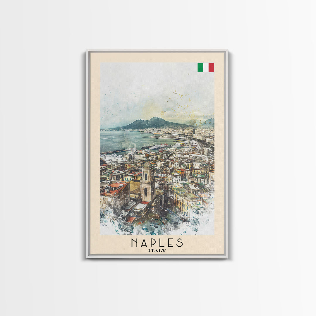 Naples Italy Framed Canvas Print, Scenic Travel Poster, Watercolor Painting, Coastal Wall Art, Home Decor, Vacation Art, Unique Art