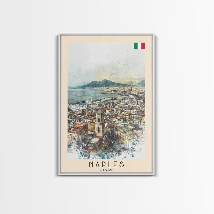 Naples Italy Framed Canvas Print, Scenic Travel Poster, Watercolor Painting, Coastal Wall Art, Home Decor, Vacation Art, Unique Art