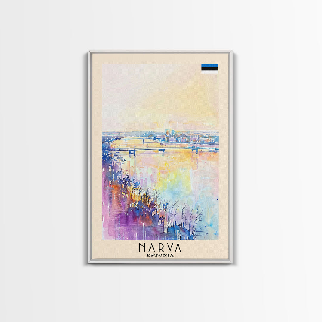 Narva Estonia Framed Canvas Print, Sunset Travel Poster, Watercolor Painting, Scenic Wall Art, Home Decor, Vacation Art, Unique Art