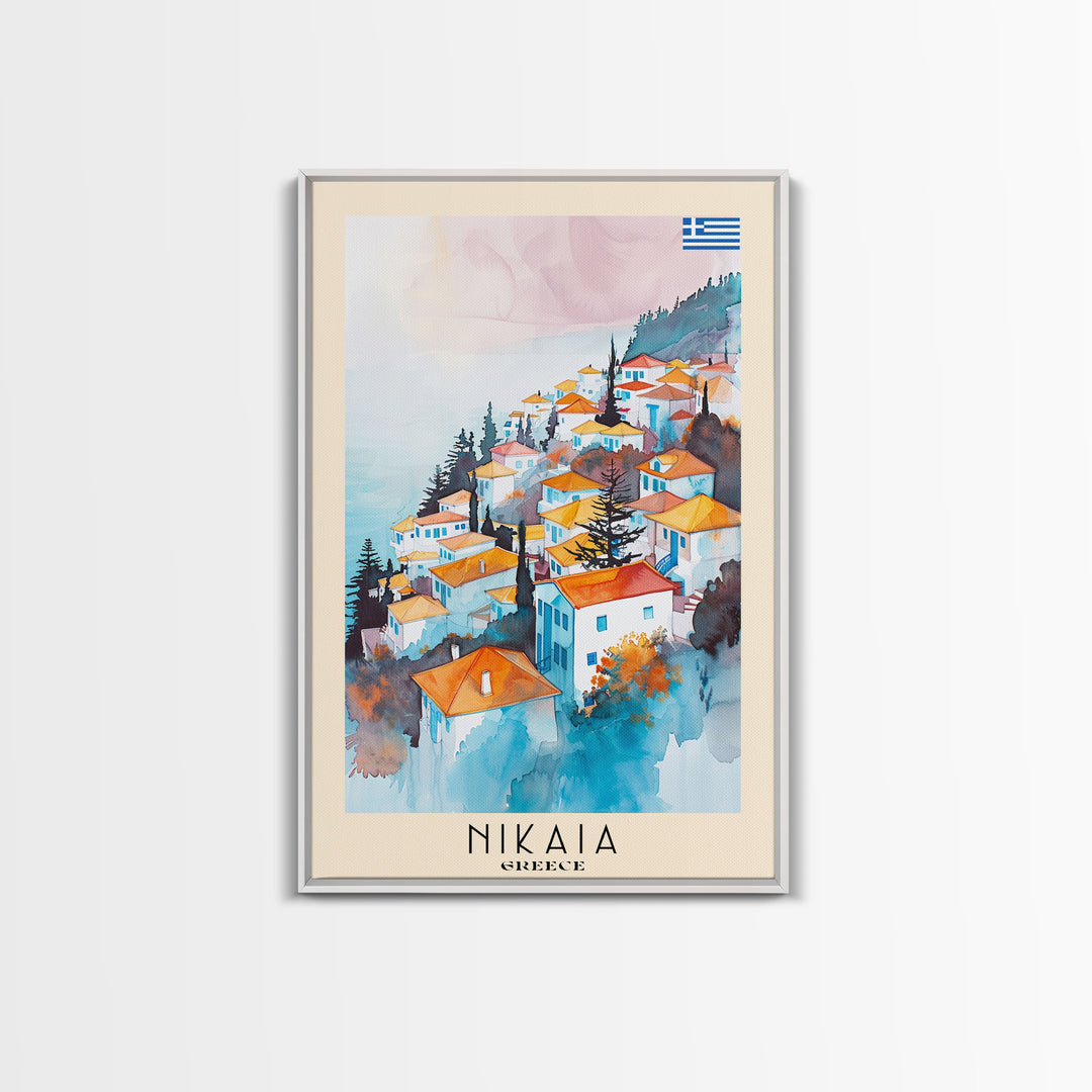 Nikaia Greece Framed Canvas Print, Boho Travel Poster, Watercolor Painting, Wall Art, Home Decor, Greek Scenery, Mediterranean Style