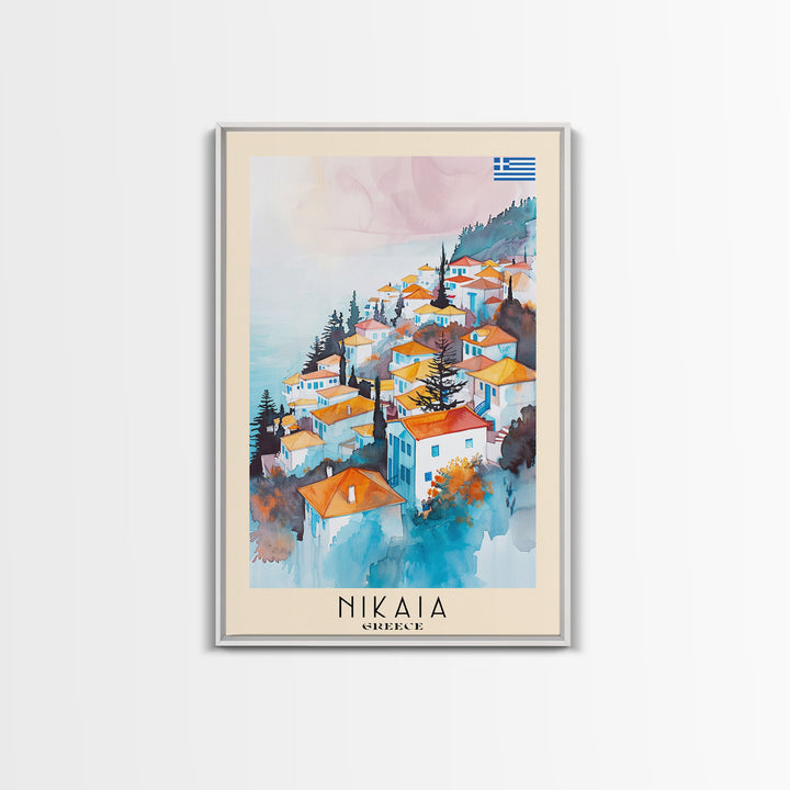 Nikaia Greece Framed Canvas Print, Boho Travel Poster, Watercolor Painting, Wall Art, Home Decor, Greek Scenery, Mediterranean Style
