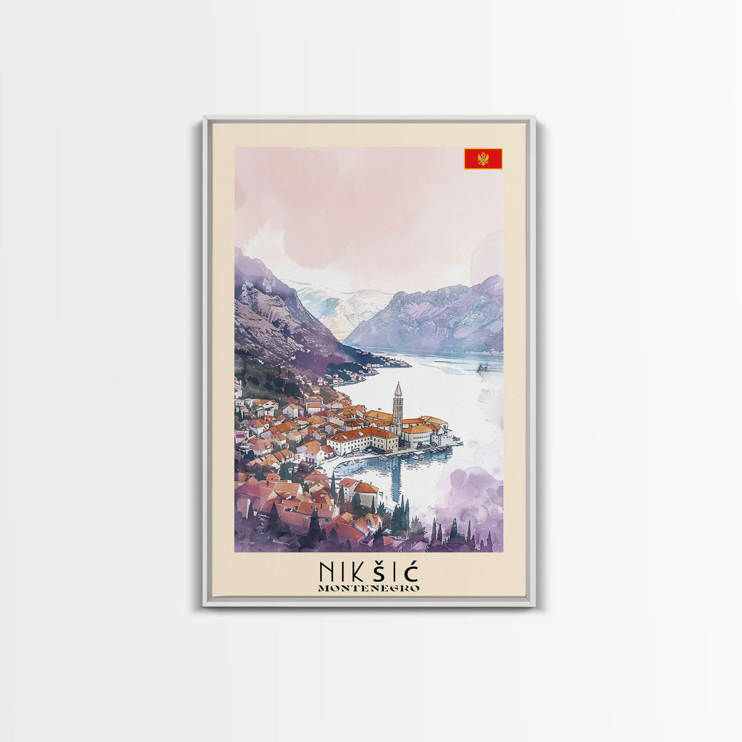 Niksic Montenegro Framed Canvas Print, Scenic Travel Poster, Watercolor Painting, Wall Art, Home Decor, Montenegro Landscape, Rustic Decor