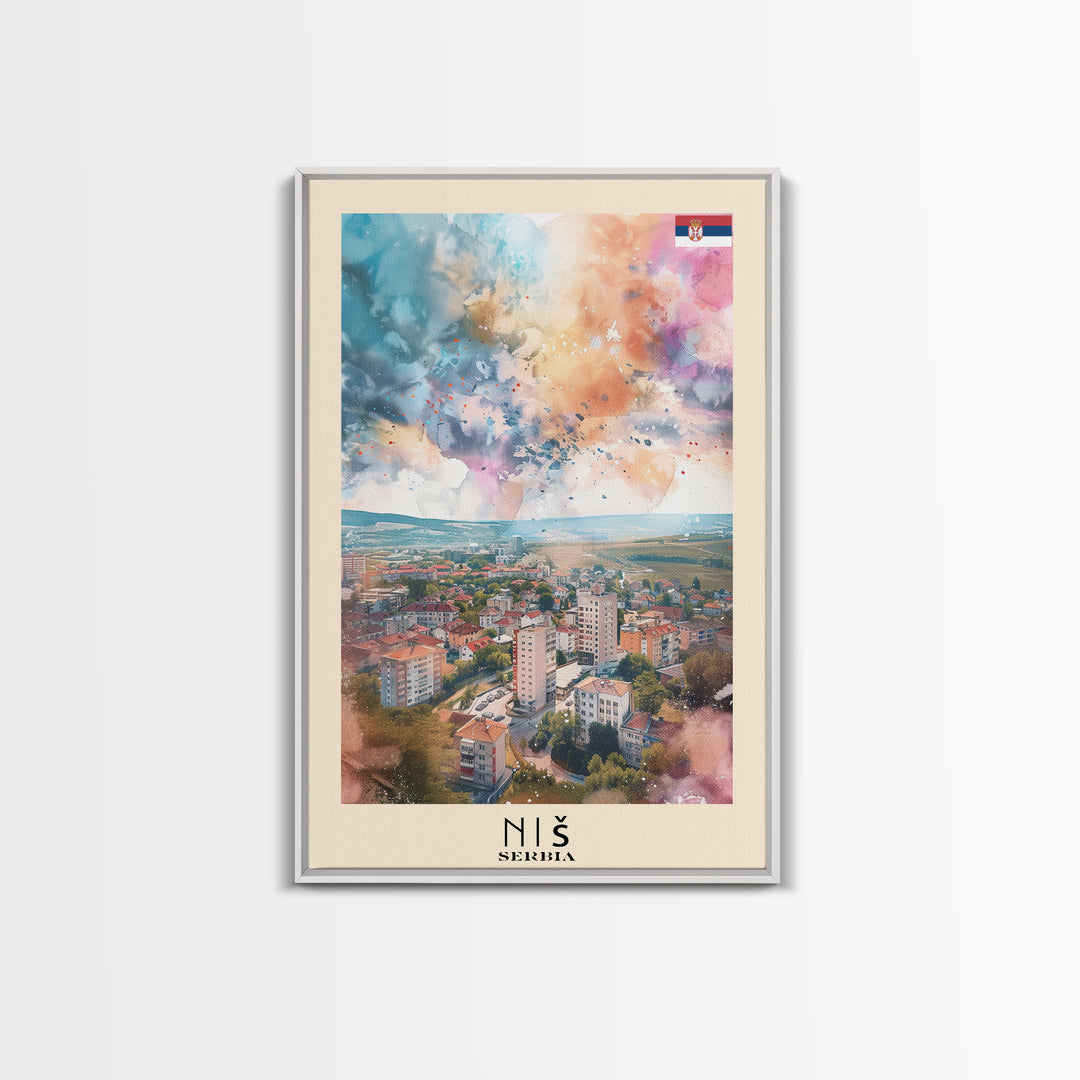 Nis Serbia Framed Canvas Print, Historic Travel Poster, Watercolor Painting, Wall Art, Home Decor, Serbian Culture, Vintage Art