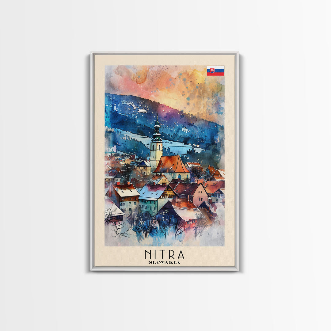 Nitra Slovakia Framed Canvas Print, Scenic Travel Poster, Watercolor Painting, Wall Art, Home Decor, Slovakian Landscape, Modern Art