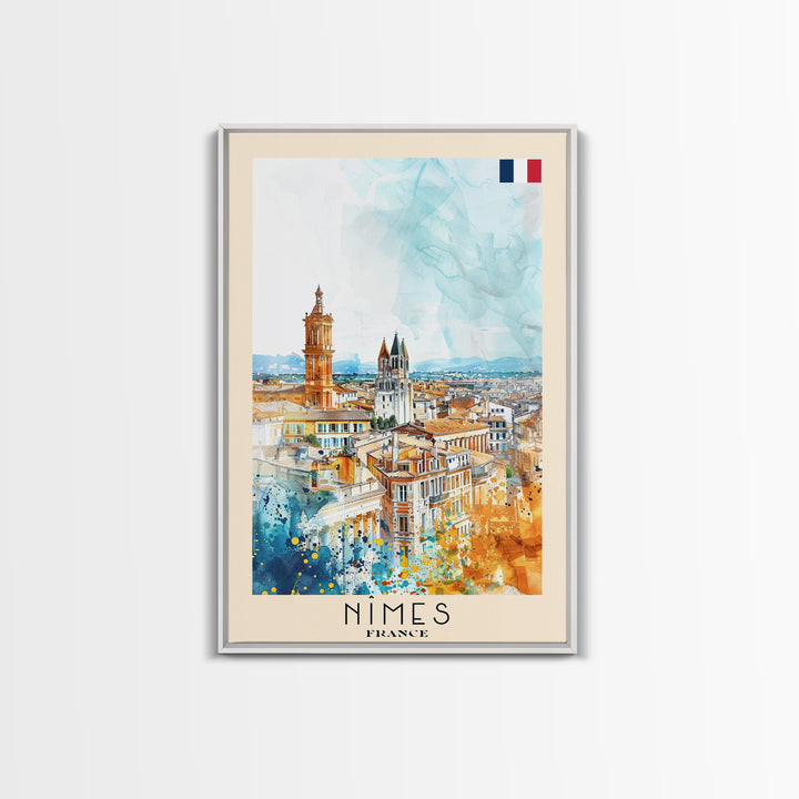 Nîmes France Framed Canvas Print, Historic Travel Poster, Watercolor Painting, Wall Art, Home Decor, French Architecture, Vintage Style