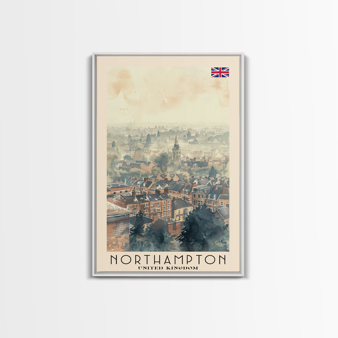 Northampton United Kingdom Travel Poster Framed Canvas Print, Watercolor Painting, Scenic Wall Art, Home Decor, British Landscape, Classic Art