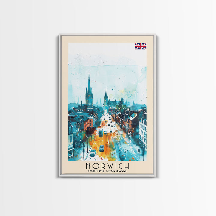 Norwich United Kingdom Travel Poster Framed Canvas Print, Watercolor Painting, Historic Wall Art, Home Decor, British Architecture, Artistic Decor