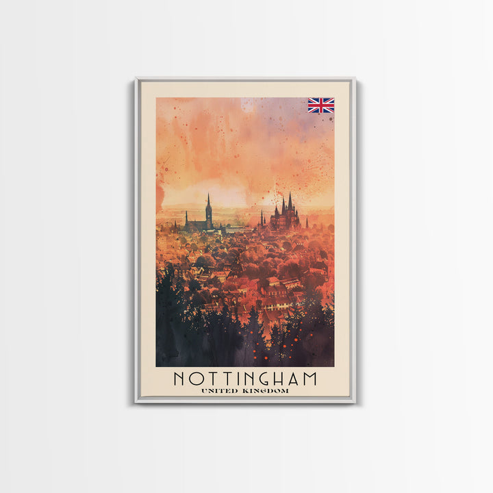 Nottingham United Kingdom Travel Poster Framed Canvas Print, Watercolor Painting, Scenic Wall Art, Home Decor, British Cityscape, Modern Art