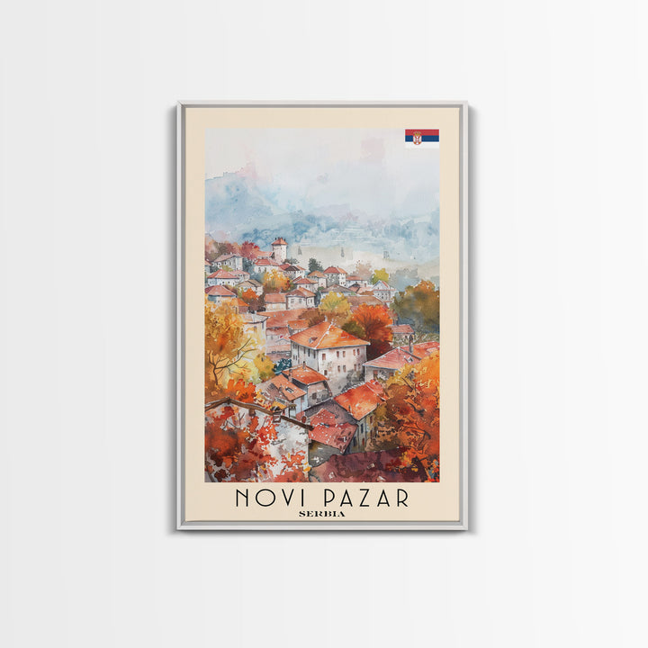 Novi Pazar Serbia Travel Poster Framed Canvas Print, Watercolor Painting, Scenic Wall Art, Home Decor, Serbian Landscape, Cultural Art