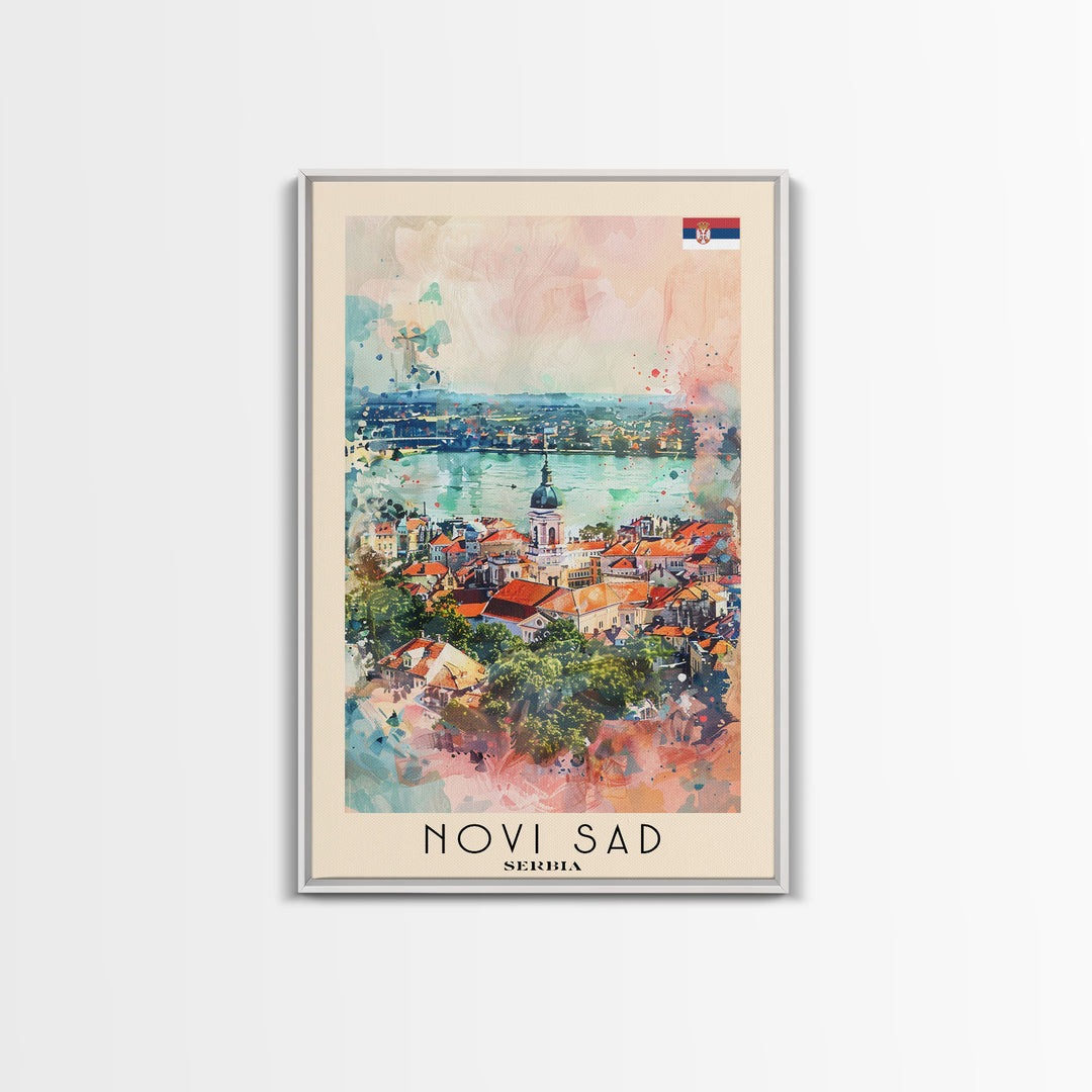 Novi Sad Serbia Travel Poster Framed Canvas Print, Watercolor Painting, Scenic Wall Art, Home Decor, Serbian Cityscape, Historic Art