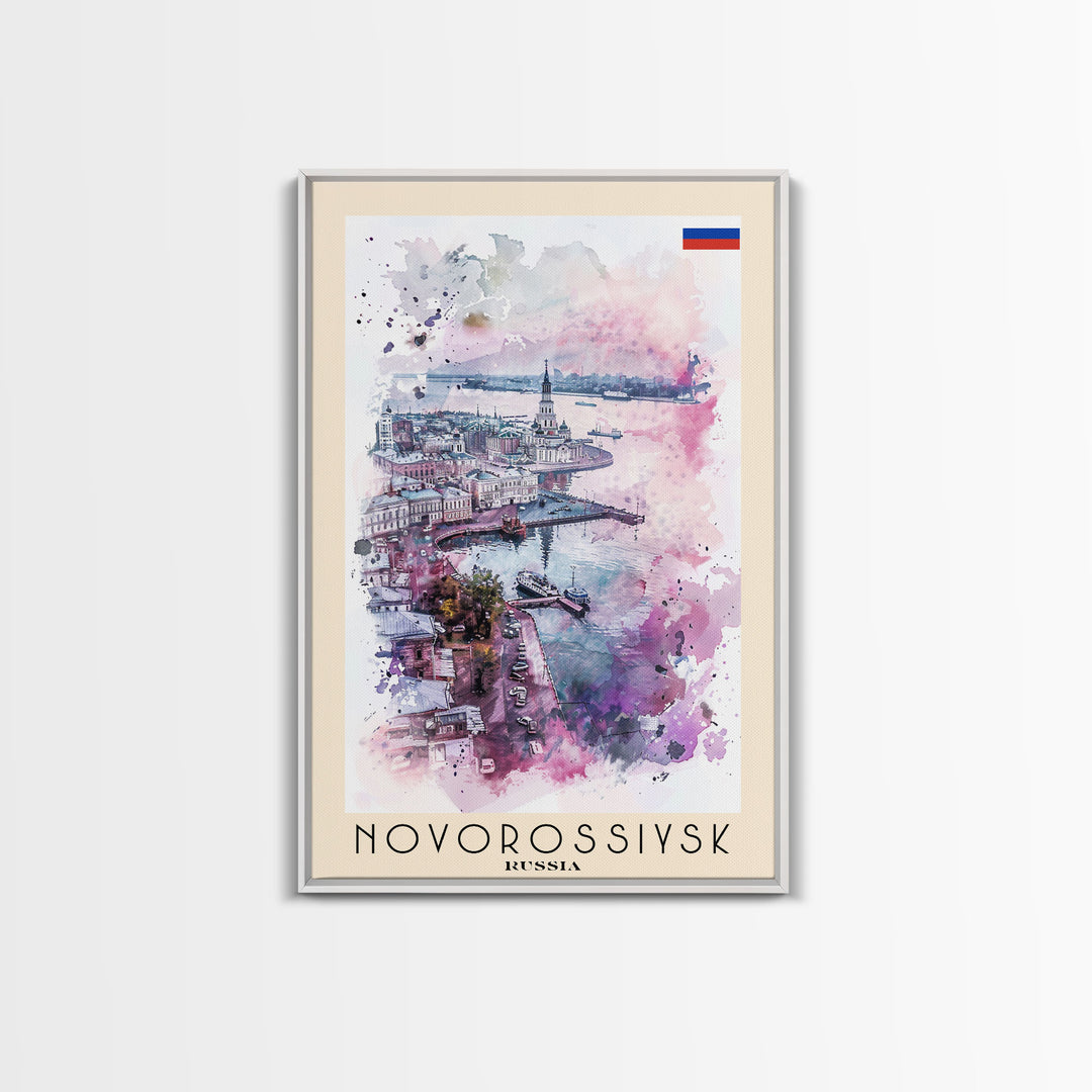 Novorossiysk Russia Travel Poster Framed Canvas Print, Watercolor Painting, Scenic Wall Art, Home Decor, Russian Coastal Scene, Classic Art