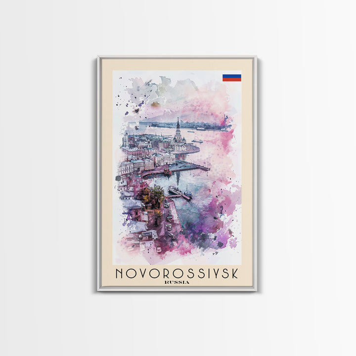 Novorossiysk Russia Travel Poster Framed Canvas Print, Watercolor Painting, Scenic Wall Art, Home Decor, Russian Coastal Scene, Classic Art
