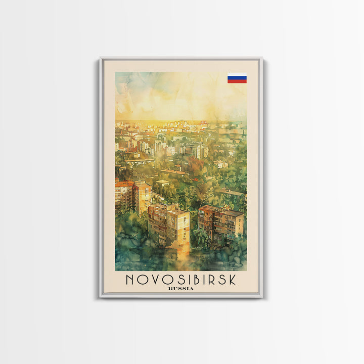 Novosibirsk Russia Travel Poster Framed Canvas Print, Watercolor Painting, Urban Wall Art, Home Decor, Russian Cityscape, Contemporary Art