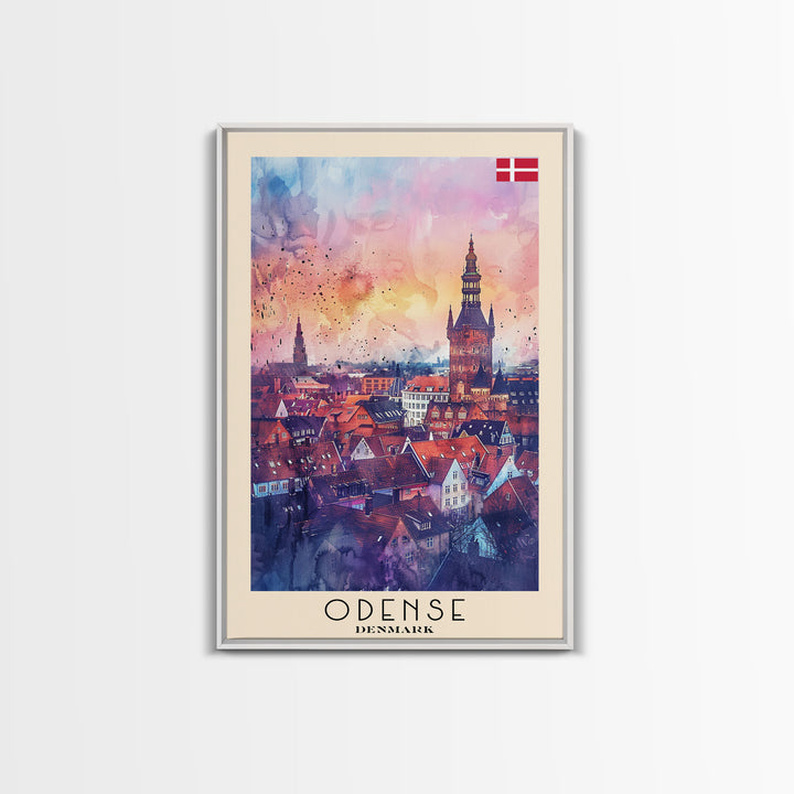 Odense Denmark Travel Poster Framed Canvas Print, Watercolor Painting, Scenic Wall Art, Home Decor, Danish Cityscape, Artistic Decor