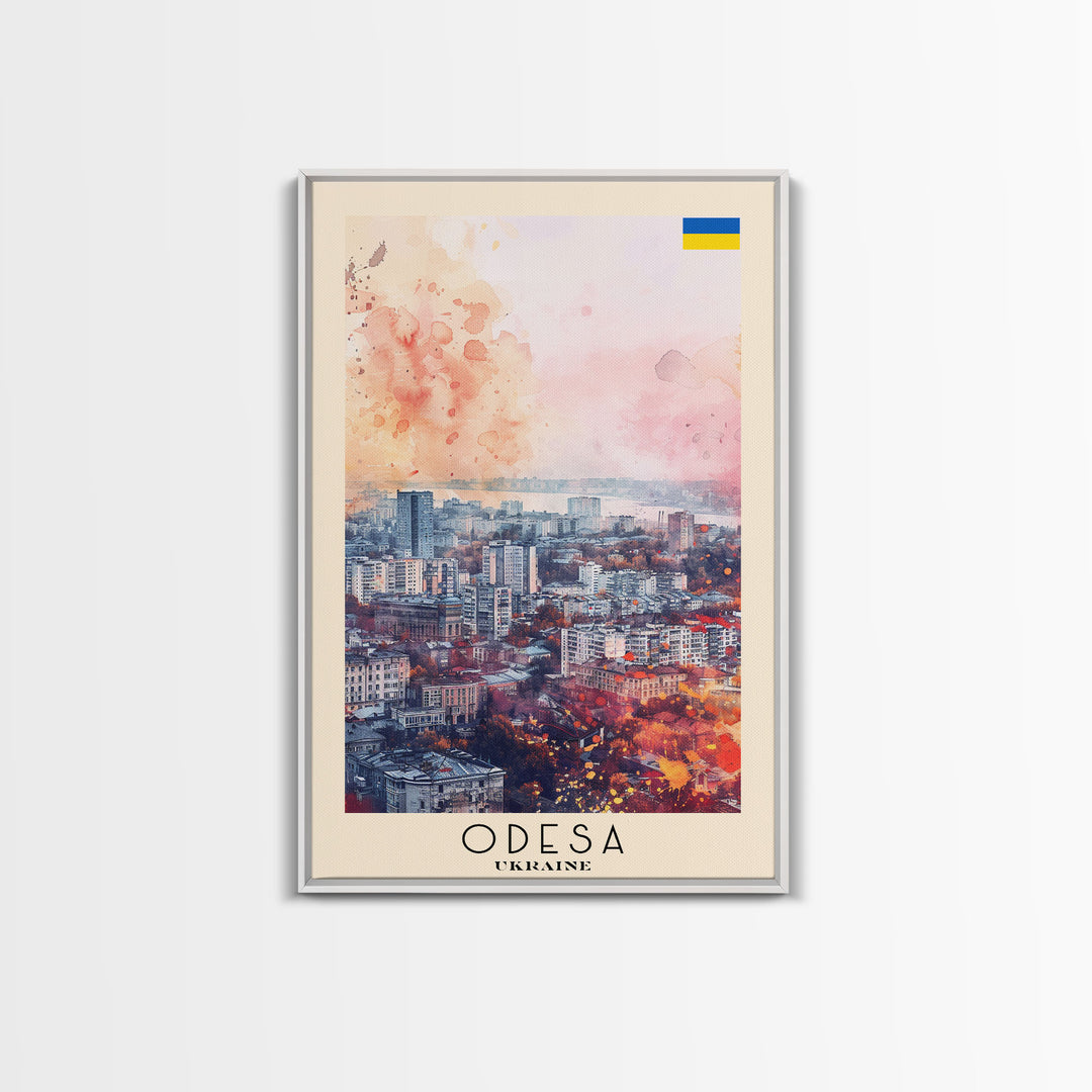 Odesa Ukraine Travel Poster Framed Canvas Print, Watercolor Painting, Scenic Wall Art, Home Decor, Ukrainian Coastal Scene, Vibrant Art