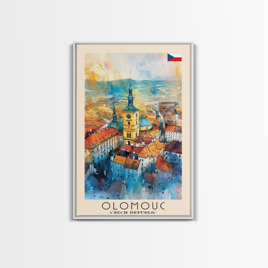 Olomouc Czech Travel Poster Framed Canvas Print, Watercolor Painting, Historic Wall Art, Home Decor, Czech Architecture, Vintage Style