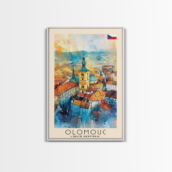 Olomouc Czech Travel Poster Framed Canvas Print, Watercolor Painting, Historic Wall Art, Home Decor, Czech Architecture, Vintage Style