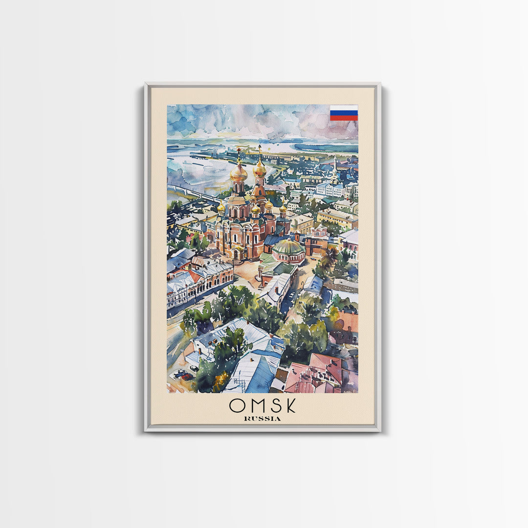 Omsk Russia Travel Poster Framed Canvas Print, Watercolor Painting, Urban Wall Art, Home Decor, Russian Cityscape, Modern Art