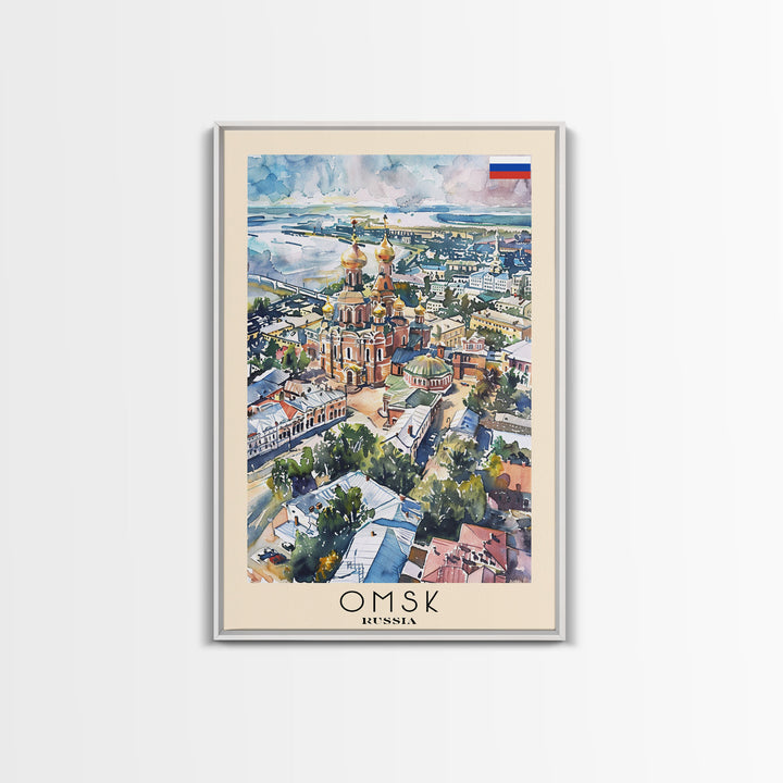 Omsk Russia Travel Poster Framed Canvas Print, Watercolor Painting, Urban Wall Art, Home Decor, Russian Cityscape, Modern Art