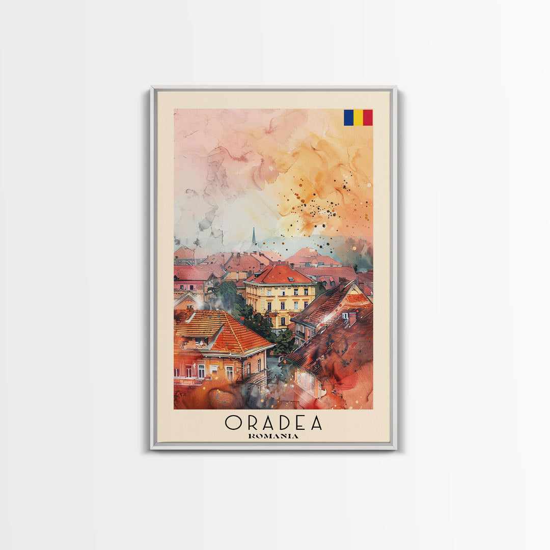 Oradea Romania Travel Poster Framed Canvas Print, Watercolor Painting, Scenic Wall Art, Home Decor, Romanian Architecture, Artistic Decor