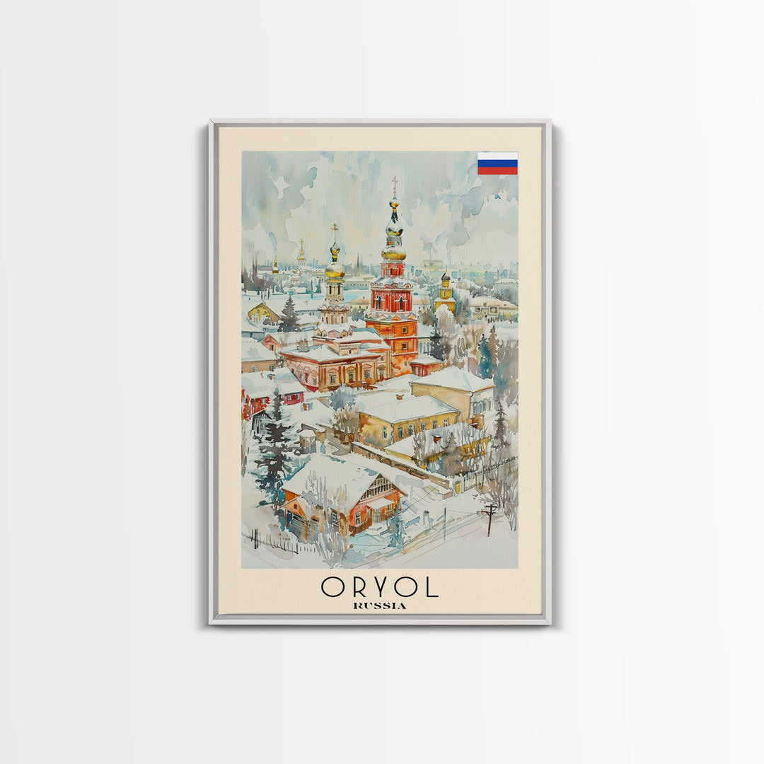 Oryol Russia Travel Poster Framed Canvas Print, Watercolor Painting, Scenic Wall Art, Home Decor, Russian Landscape, Vintage Style