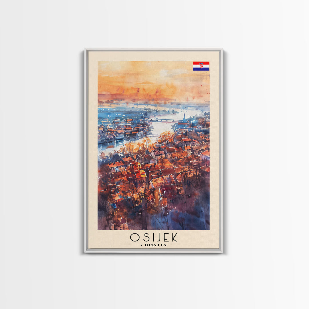 Osijek Croatia Travel Poster Framed Canvas Print, Watercolor Painting, Scenic Wall Art, Home Decor, Croatian Landscape, Rustic Art