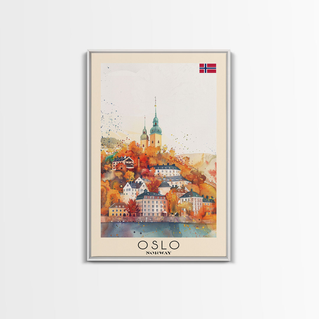 Oslo Norway Travel Poster Framed Canvas Print, Watercolor Painting, Scenic Wall Art, Home Decor, Norwegian Cityscape, Modern Decor