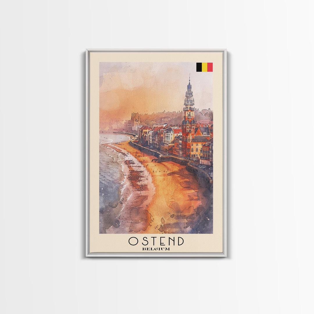 Ostend Belgium Travel Poster Framed Canvas Print, Watercolor Painting, Coastal Wall Art, Home Decor, Belgian Seaside, Vibrant Art