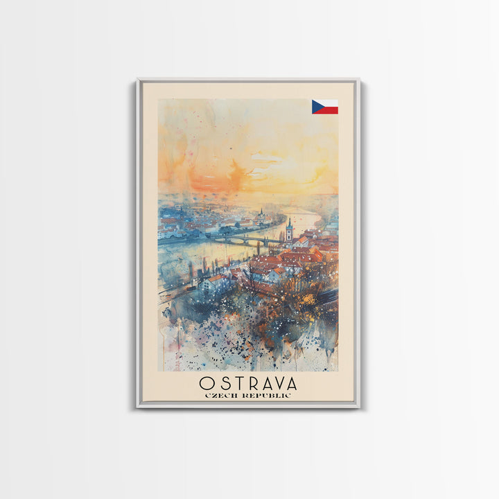 Ostrava Czech Travel Poster Framed Canvas Print, Watercolor Painting, Urban Wall Art, Home Decor, Czech Cityscape, Vintage Style